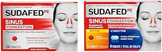 SudafedPE Sinus Congestion Maximum Strength Non-Drowsy Decongestant Tablets, 36 ct & PE Day and Night Sinus Pressure & Congestion Tablets, 20 Count