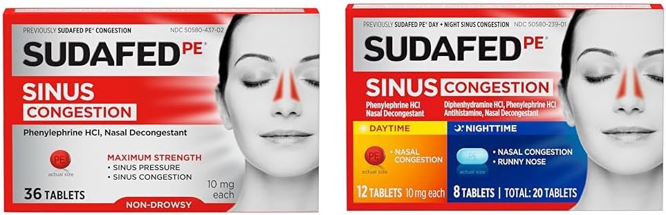 PE Sinus Congestion Maximum Strength Non-Drowsy Decongestant Tablets, 36 ct & PE Day and Night Sinus Pressure & Congestion Tablets, 20 Count