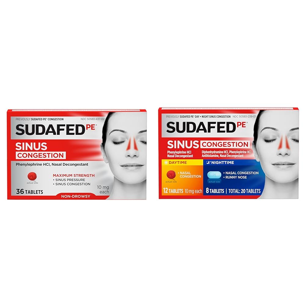 SudafedPE Sinus Congestion Maximum Strength Non-Drowsy Decongestant Tablets, 36 ct & PE Day and Night Sinus Pressure & Congestion Tablets, 20 Count