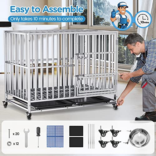 42 Inch Heavy Duty Dog Crates For Large Medium Dogs, Stainless Steel Indestructible Dog Kennel Indoor, Escape Proof Extra Large Dog Crate Cage With Lockable Rolling Wheels, Double Door, Removable Tray #TOP7