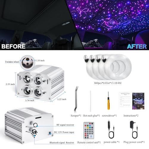 Image of 4 Colors 32W Twinkle Car Starlight Headliner Kit 860pcs*0.03in*13.1ft with APP&RF Remote, RGBW Fiber Optic Strands Star Roof Lights,4 Port Engine Sound Activated Ceiling Star Lights for Home /Car Decor