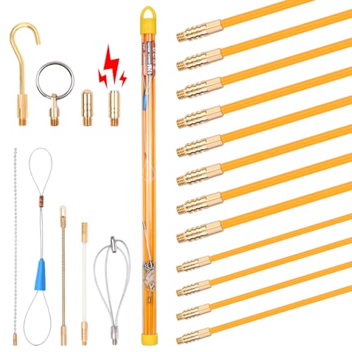 12M Einziehband Kabel Kabeleinziehhilfe, 4 Stangen x 100 cm x 4mm Kabelstangen und 8 Stangen x 100 cm x 6mm Kabelstäbe Fischband mit 9 Adaptern für Leerrohre zur Kabelverlegung