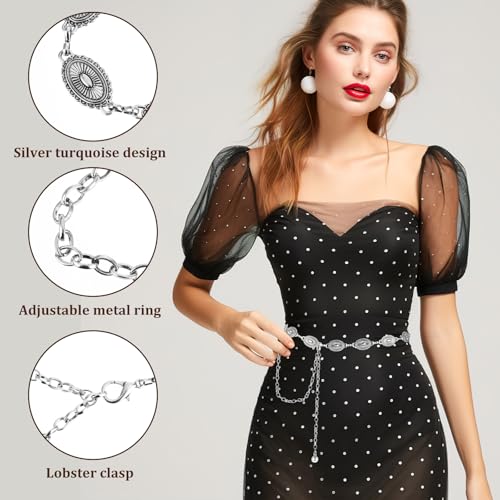 Silver Western Belt Cowgirl Chain Belts Metal Boho Hollow Out Daisy Decorated Skinny Waist Belts for Dresses Jeans Country Concert Outfit Belt Festival Gifts 44×0.79 × 0.24 Inches3