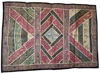 Mogul Interior Indian Wall Hanging Sari Tapestry Pink Embroidered Patchwork Home Decor