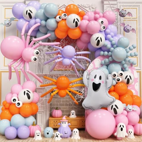 Halloween Spider Balloons Arch Kit, 131 Pcs Pastel Colorful Balloons Garland with Spider Web Cute Ghost Foil Print Balloon Pink Purple Balloon for Spooky Halloween Baby Shower Birthday Decorations