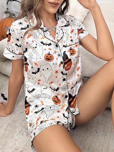Women's Lounge Sets Ghost Pumpkin Graphic Short Pajamas Set Halloween Loungewear Two-Piece Holiday Outfits4
