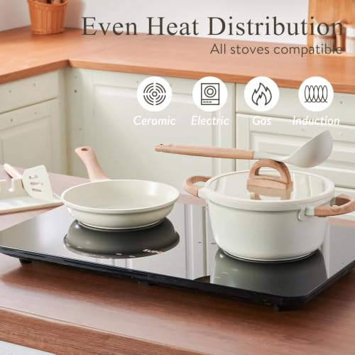 Image of USELUCK 22-Piece Ceramic Cookware Set with Utensils, Pots and Pans Set | PFAS-Free Non-Toxic Healthy Cooking Set, Even Heating, Easy to Clean, Induction Compatible, White