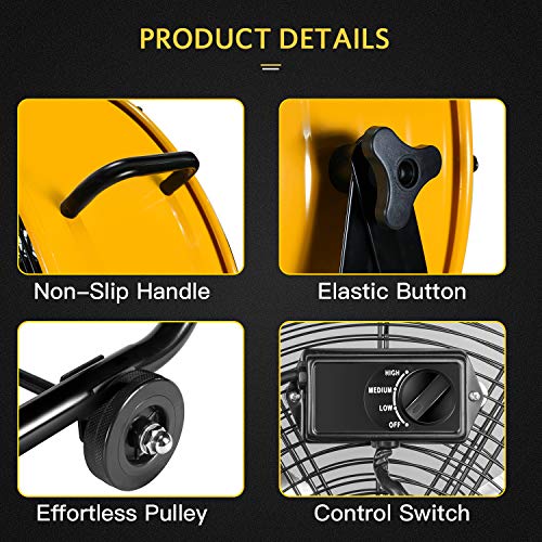 Heavy Duty Metal Industrial Drum Fan, 3 Speed Floor Fan For Warehouse, Workshop, Factory And Basement - High Velocity, Yellow #TOP3