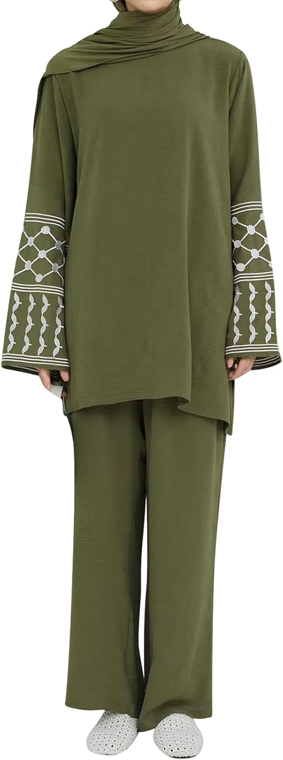 2 Piece Muslim Outfits for Women Palestine Embroidery Abayas Long Sleeve Loose Top Pants Islamic Dubai Prayer Clothes