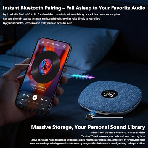 Image of Under Pillow Speaker for Sleeping, Dual Bone Conduction Bluetooth Pillow Speaker with Led Display, TF Card Bluetooth Two Playback Modes, Timer Adjustment,16 Hours Battery Life for Sleep Aid (Blue)