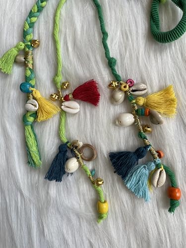 Image of Zippy Flora Boho Handmade Colorful Hair Strings for Navratri /Ethnic Look /Bohemian Styling, Colorful Braided Hairband, Thread Hair Accessories & Extensions (Full Length (20-22inch), Green)