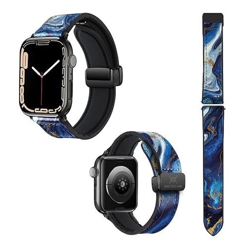 22mm (38/40/41/42/44/45mm) Silicone and Genuine Leather Watch Strap for Apple Watch Blue Marble