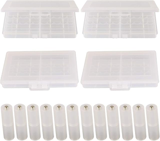 GTIWUNG Pudełko do przechowywania baterii AA/AAA (10 ogniw), plastikowa obudowa na baterie i akumulatory + 12 szt. etui na baterie AAA do AA z metalowymi stykami na spodzie, 4 szt