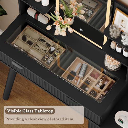 Image of Xixini Fluted Vanity Desk with LED Lights Mirror & Charging Station, Black