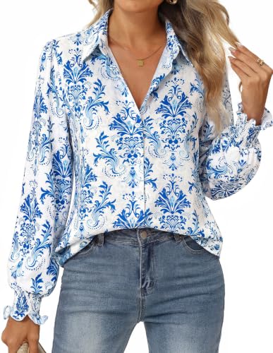 GRACE KARIN Women's Boho Floral Button Down Shirts, 2026 Fall Long Sleeve Blouses, Dressy Casual Fit Vacation Work Tops Blue L