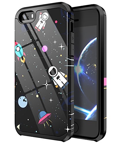 PBRO 5 Case, 5s Case, SE(2016) Case Cute Astronaut Case Dual Layer Soft Silicone & Hard Back Cover PC+TPU Protective Case for Apple 5/5s/SE Space/Black