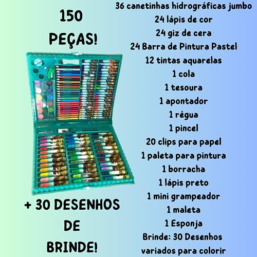 Estojo Completo De Pintura Infantil Com 150 Peças + 30 Desenhos Kit Escolar Maleta Presente Criança