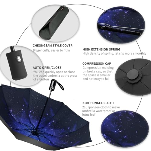 Image of SIEPASA Compact Travel Umbrella - Windproof Auto Open /Close, Small Folding Umbrella for Rain & Sun with UPF50+ - Lightweight Frame, Waterproof - Fits Backpack, Purse, Suitcase.(UV-Starry)