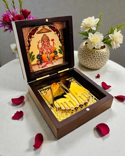 Image of Ganesh Ji Golden Charan Paduka Foldable Mandir | Mini Puja Mandir for Home, Office & Car | Diwali & Ganesh Chaturthi Spiritual Gift | Religious Gift for Mom & Dad (Ganesh Ji)
