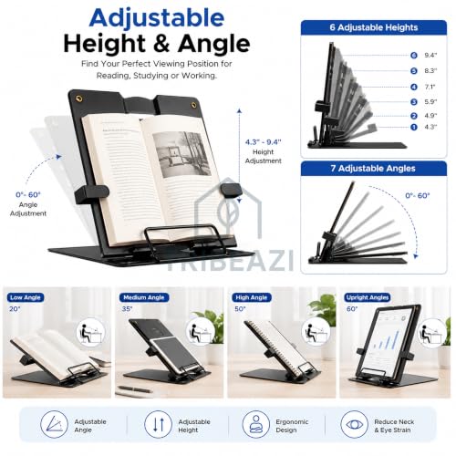 Image of Adjustable Metal Book Stand for Study, Cookbook Holder for Kitchen, Foldable Book Holder, Ergonomic Reading Rest with Page Clips, Multi-Angle Desktop Stand for Books, Tablets, & Office Use