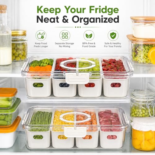Image of Premium 4 Compartment Fridge Storage Box with Drain Tray & Lid | Large Capacity Refrigerator Organizer for Vegetables, Fruits & Meat | Leakproof, Stackable Kitchen Container (Transparent)