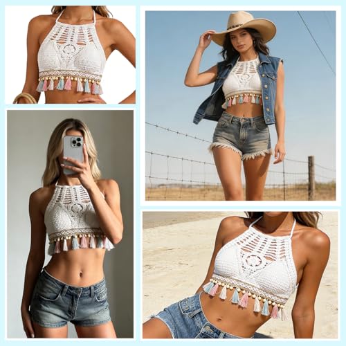 Image of PALAY Women's Summer Beach Backless Crochet Halter Bikini Crop Top Crochet Hollow Out Tassle Embroidery Knit Boho Beachwear