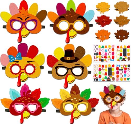 16PCS Thanksgiving Crafts in Bulk: Felt Turkey Masks DIY Arts Kit, Fall Party Favors Classroom Activities Supplies