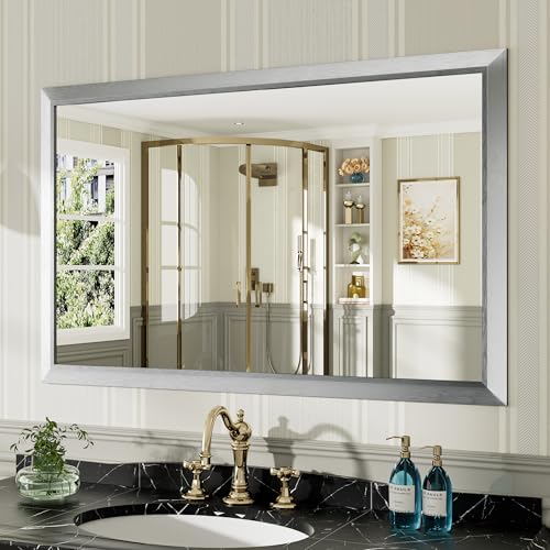 Image of 48x30 Inch Brushed Silver Bathroom Mirror for Wall, Thick Metal Framed Rectangle Mirrors for Over Sink, Bedroom, Living Room, Entryway, Anti-Rust, HD Tempered Glass