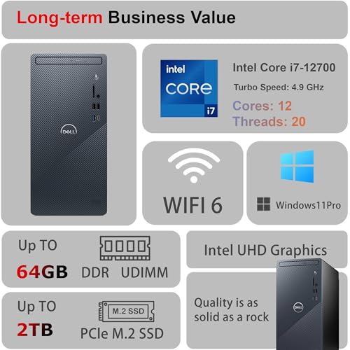 Image of Dell Inspiron Business Desktop | Intel Core i7-12700 Processor (12 cores, 4.9 GHz)| 32GB RAM & 2TB PCIe SSD & 1TB HDD|HDMI, USB-C, Wi-Fi 6, Bluetooth, RJ-45| Keyboard & Mouse Included| Windows 11 Pro