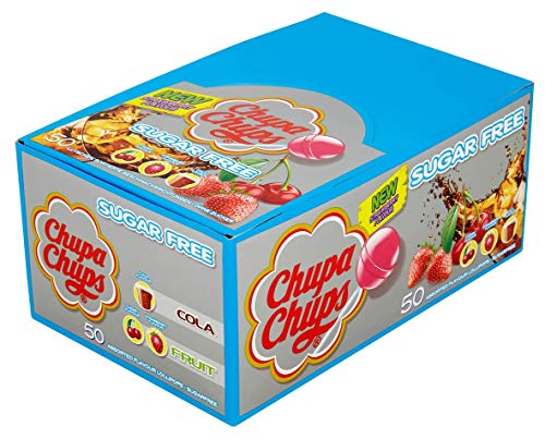 Chupa Chups Chupa Chups Party-Süßigkeiten – zuckerfreie, sortierte Schachtel Lutscher, 50 Lutscher in 3 Geschmacksrichtungen