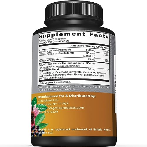 Image of Premium Immune Support Supplement - Daily Immune Supplement for Respiratory, Sinus & Gut Health - with Epicor, D3, Vitamin C, Zinc, Elderberry, Olive Leaf Extract & Quercetin- 60 Immune Capsules