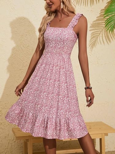 ZABERRY Womens Summer Midi Dress 2025 Elastic Straps Square Neck Cute Floral Flowy A-line Sundresses for Women2