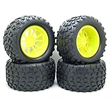 4X RC 1/10 Scale Car Monster Truck Type Tires Gravel Tread w/ 5 Spokes Wheel Rim Yellow RC Parts