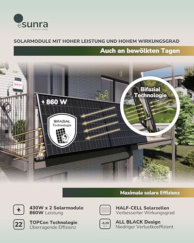 ESUNRA Create your Energy - Balkonkraftwerk 600 / 800W - Plug & Play - 2 bifaziale 430W Solarpaneele - ALL BLACK - TOPCon - Mikrowechselrichter NEP - 5m Kabel - Überwachungs-App
