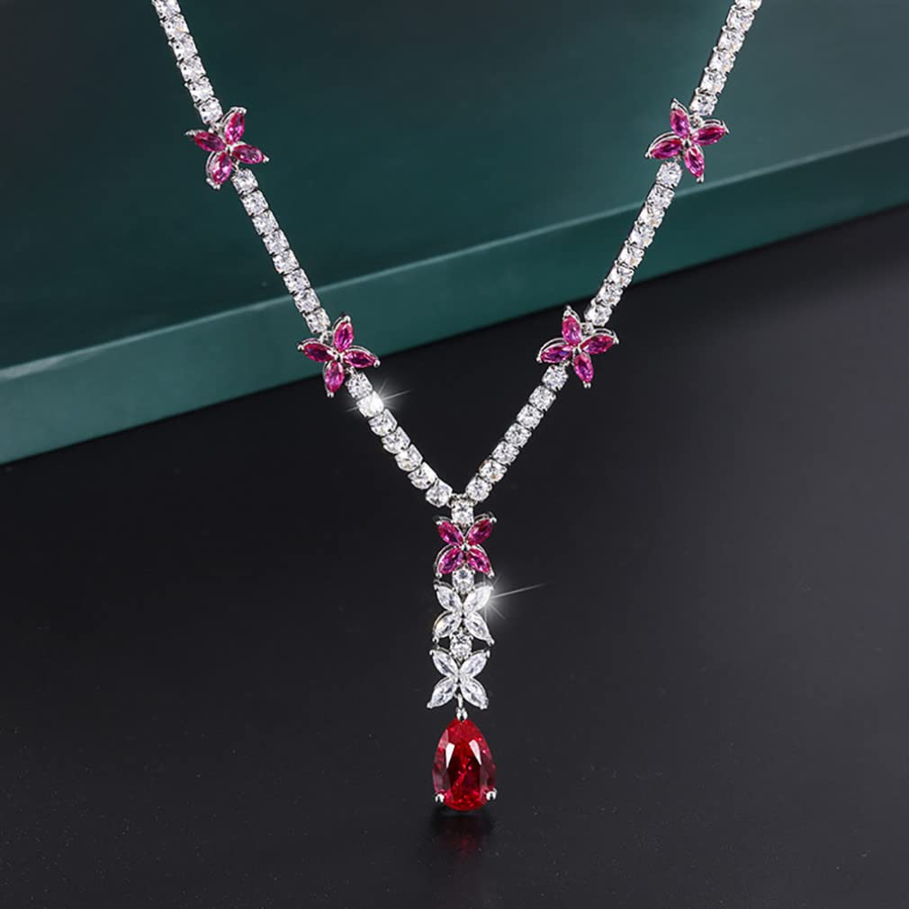 Equirider925 Sterling Silver 9 * 14MM Ruby Gemstone Pendant Necklace for Women Diamond Jewel Gift