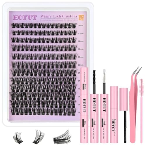 HOTUT Pestañas Postizas Naturales Cluster Lashes,192pcs Pestañas Pelo a Pelo DIY Con Herramientas,Mix Extensión de Pestañas Individuales Tipo Racimo Ruso,9-18mm Cluster Lashes Kit para Principiantes