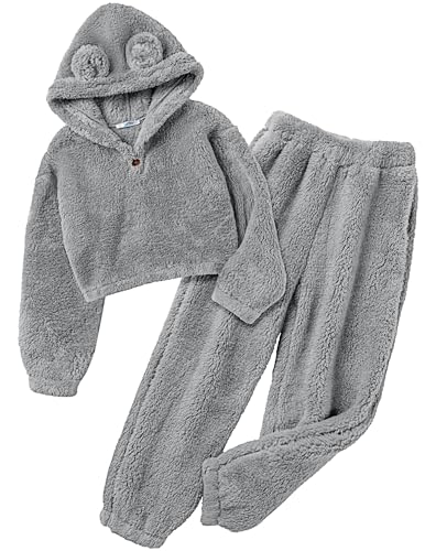 Image of Arshiner Girls 2 Piece Outfits Sweatsuit Fuzzy Long Sleeve Bear Ear Hoodie Sweatshirt and Sweatpant Kids Clothing Sets