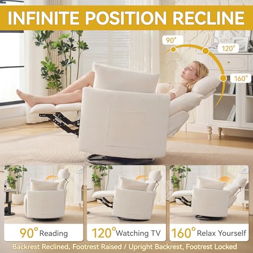 Image of Manual Rocking Chair Nursery, 360 Swivel Recliner Chair with Side Pocket, Glider Reclining Chair for Adults Small Space, Barrel Recliners with 2 Pillows for Living Room, Chenille White