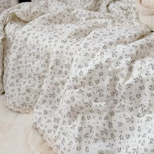 Image of BuLuTu Chic Shabby Floral Toddler Quilt 100% Cotton Muslin Quitled Blanket Girls Boys Comforter with Lace Edges, Crib /Toddler Bed Blankets, Plumbago Flower Print, 47x59 Inches, No Pillow