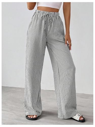 GORGLITTER Women's Striped Linen Pants High Waisted Wide Leg Casual Trendy Beach Trousers4