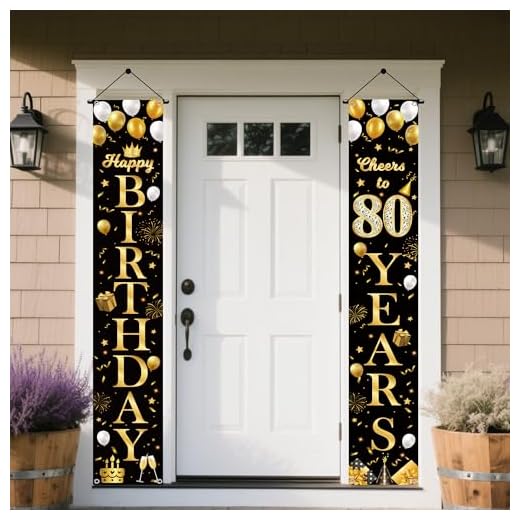 80 Geburtstag Deko Banner Schwarz Gold- 2 Stück 80 Jahr Geburtstagsdeko Happy Birthday Türbanner, Stoff Geburtstagsbanner für 80. Frau Männer Geburtstagsfeier Dekoration