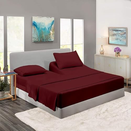 Rajlinen Top Split Head King Sheet Set for Adjustable Beds, Split King Flex Head Sheets, 34 Top Split, 100% Cotton, 16 Deep Pocket, Burgundy Solid
