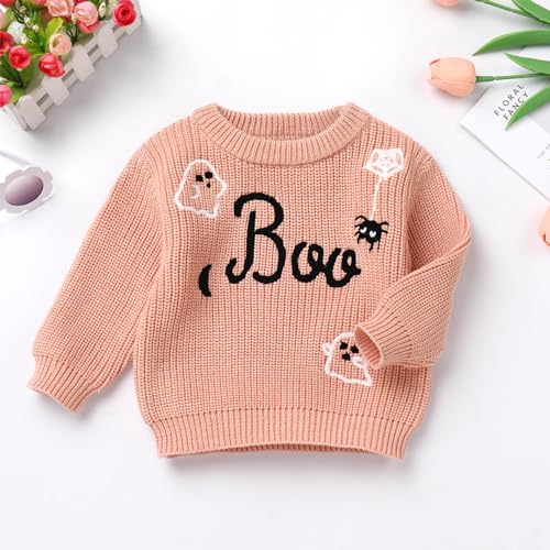 IDOPIP Toddler Baby Girls First Halloween Outfit Embroidery Pumpkin Boo Sweater Top Knit Pullover Sweatshirt Winter Clothes4