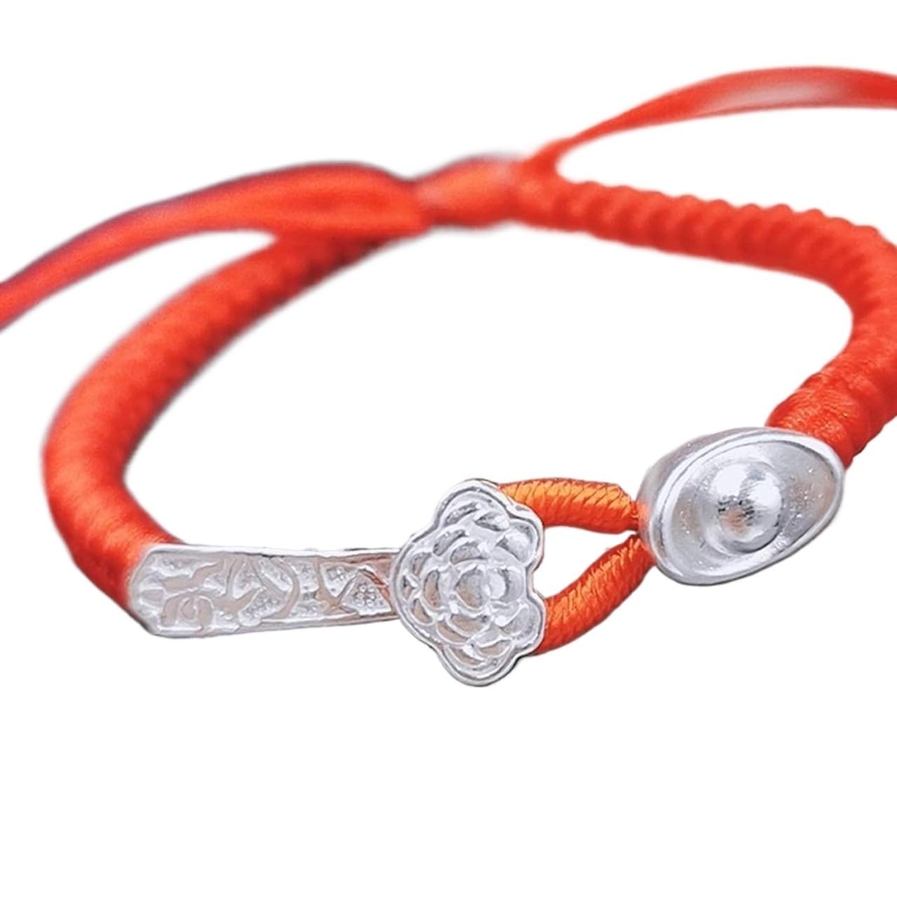 Pulsera de la Suerte, Pulsera Feng Shui, Riqueza, Colgante lingote Plata Ruyi, Hilo Rojo Tejido a Mano, Amuleto Estilo Retro Chino para Parejas, ajustab