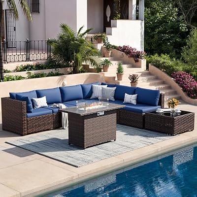 VONZOY 8 Piece Patio Furniture Set with 44" Fire Pit Table, Outdoor Sectional Wicker Rattan Sofa Set with Coffee Table (Navy Blue/Brown)