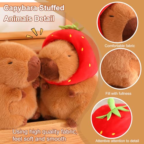 Image of Capybara Plush Wearing Strawberry Hat, Capybara Stuffed Animal Plush Toy, Cute Birthday Decorations Plush Toy for Girls and Boys