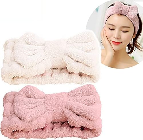Jseng Microfiber Bowtie Women Beauty Headbands, Extrame Soft & Ultra Absorbent, Comfort to Wash Makeup Shower Facial Skincare Spa Thick Hair Band for Girls (Beige+Pink)