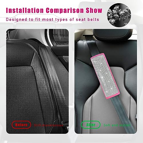 Kewucn Bling Car Seat Belt Shoulder Pads, PU Leather Crystal Rhinestone Auto Seatbelt Covers with Glitter Start Button Ring, Universal Diamond Vehicle Decor Accessories 5 Pack Set for Women (Pink)