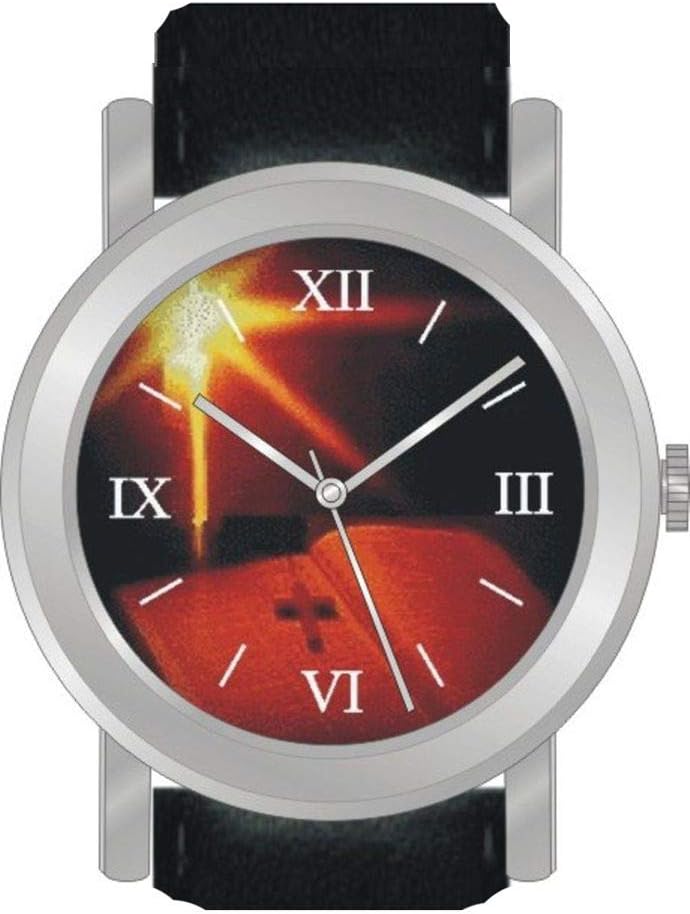 Bible and Cross is The Inspirational Image on The Dial of The Unisex Size Brushed Chrome Round Case with Black Leather Strap