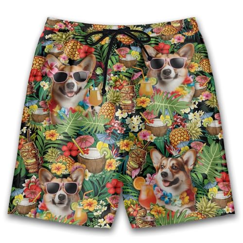 Tropical Dog Mens Swim Trunks - Dog Swimming Trunks for Men - Drawstring Beach Shorts, Mens Swim Shorts Series 28